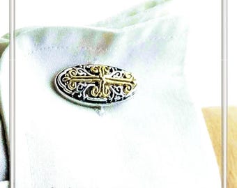 Byzantine silver cufflinks. Byzantine cross 18 karat gold filled filigree decoration on oxidized sterling silver oval base men cuff links