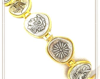 Beaded Greek Coins Bracelet: Museum Replicas Coins Oxidised and 18k Gold Filled Sterling Silver