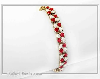 Tennis silver bracelet with red and white rose flowers on square beads. Floral handmade bracelet 18ct gold filled sterling silver
