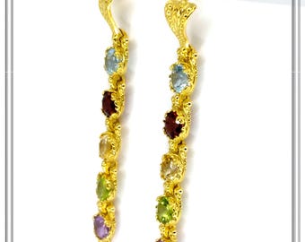 18k Gold Byzantine Filigree Multi Gemstone Dangle Beaded Earrings: Multi Coloured Natural Gems