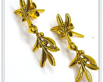 18K Gold Filled Sterling Silver Olive Branch Dangle Earrings: Floral Olive Greek Jewelry