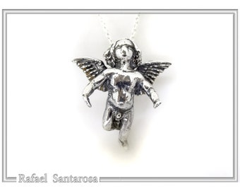 Angel cupid talisman pendant, oxidized sterling silver angel, Eros angel, baby cupid angel, ancient Greek Eros god of love silver necklace.