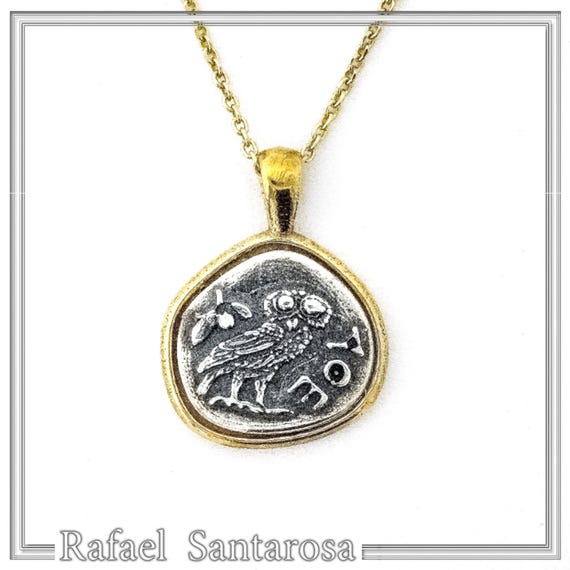 Ancient Greek Owl Coin Necklace, Athena Tetradrachm, Sterling Silver & 18K Gold Filled, Historical Gift