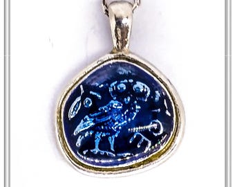 Athena's owl coin necklace, tetradrachm owl coin pendant blue enamel on oxidized sterling silver.  Greek ancient coin museum replicas charm.