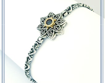 Amethyst Sterling Silver Oxidized Bracelet, 18 karat Gold Filled Bezel, natural gem Byzantine Filigree Decoration. Vintage inspired bracelet