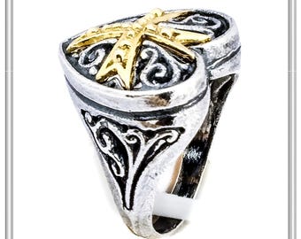 Holy Heart silver ring, byzantine Maltese cross handmade ring on sterling silver, oxidized heart shape base with 18 karat gold filled cross.