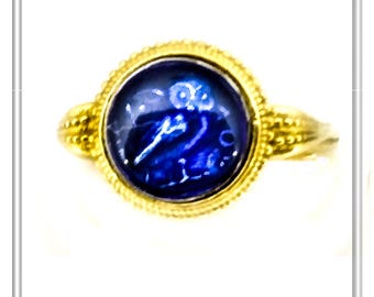Owl coin ring tetradrachm with blue enamel on oxidized sterling silver coin set in 18 karat gold filled filigree silver ring museum replicas