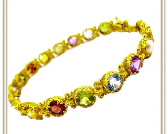 18K Gold Multi Gemstone Bracelet: Byzantine Filigree Tennis Bracelet