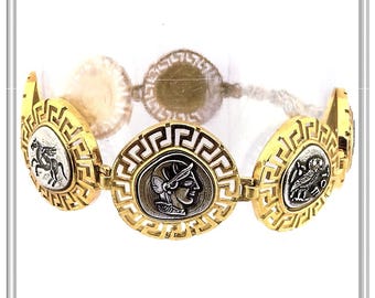 Sterling silver beaded bracelet, Greek coins Athena Vergina star Phaistos disc Pegasus spiral Alexander the Great, 18 karat gold filled base