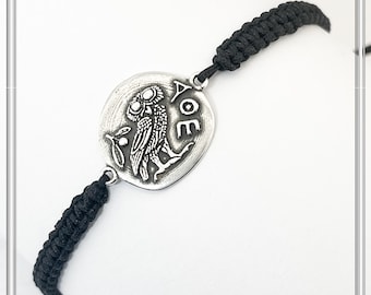 Owl Coin tetradrachm adjustable charm Bracelet Oxidized Sterling Silver with adjustable black macrame cord. Greek Jewelry Museum Inspired.