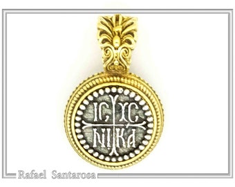 Protection cross coin jesus christ wins necklace christogram talisman pendant on coin-shape oxidized sterling silver. constantinato charm