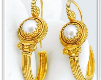 Ancient Greek hoop earrings Ionian spiral column shape on sterling silver 18 karat gold filled with pearl and Hellenic spiral column head.
