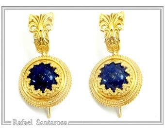 Lapis lazuli earrings, ancient Greece antefix earrings. Filigree vintage sterling silver 18ct gold filled. Pearl  or lapis lazuli earrings.