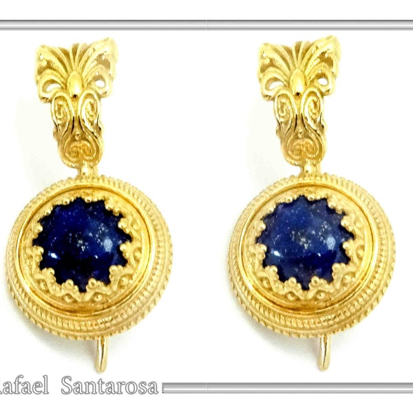 Lapis lazuli earrings, ancient Greece antefix earrings. Filigree vintage sterling silver 18ct gold filled. Pearl  or lapis lazuli earrings.