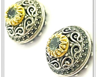 Byzantine silver stud earrings oxidized with 18 karat gold filled filigree silver bezel, blue topaz, peridot, garnet, amethyst lapis or pear