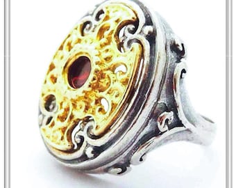Byzantine statement garnet ring made of sterling silver oxidized and 18 karat gold filled. Byzantine orthodox heritage, museum inspired ring
