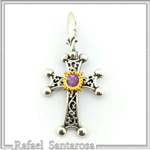 Greek orthodox Christian cross on solid sterling silver oxidized with lapis, pearl, garnet, amethyst, topaz or peridot in filigree setting.