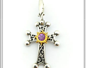 Greek orthodox Christian cross on solid sterling silver oxidized with lapis, pearl, garnet, amethyst, topaz or peridot in filigree setting.