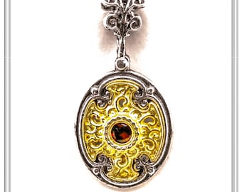 Byzantine filigree silver necklace with garnet, peridot, topaz or amethyst, silver oxidized with 18 karat gold filled filigree decoration.