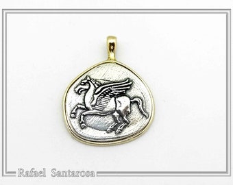 Pegasus winged horse pendant, oxidized silver coin on 18ct gold filled sterling silver base, museum inspired, ancient Greek mythology charm.