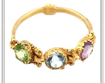 Byzantine Filigree Handmade Beaded Gemstones Ring 18K Gold: Genuine Amethyst, Topaz, Peridot, Garnet