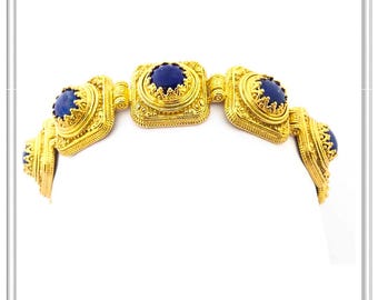 Lapis lazuli beaded bracelet sterling silver 18 karat gold filled and genuine lapis lazuli stones with Byzantine filigree and granulation.