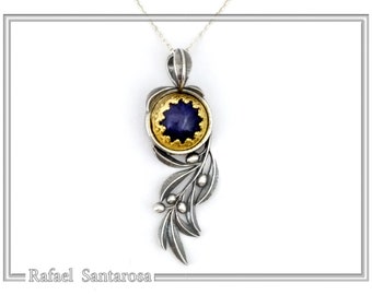 Lapis olive leaf pendant necklace in oxidized sterling silver with 18 karat gold filled silver bezel. pearl leaf. ancient greek mythology.