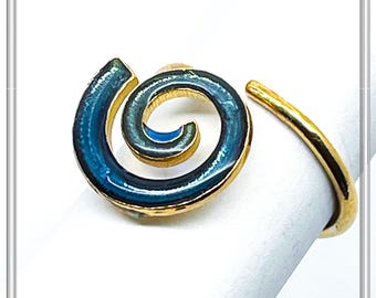 Blue Enamel Spiral Adjustable Statement Ring: Eternity Symbol 18 Karat Gold Filled Sterling Silver