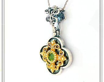 Filigree necklace with natural peridot, garnet, topaz or amethyst, sterling silver oxidized with 18 karat gold filled Byzantine decoration.