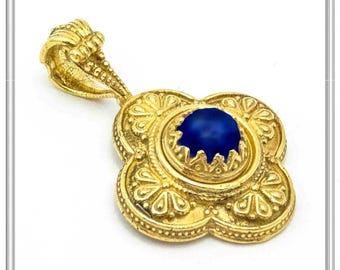 Lapis lazuli byzantine cross pendant sterling silver 18 karat gold-filled, byzantine filigree and granulation with lapis lazuli or pearl.