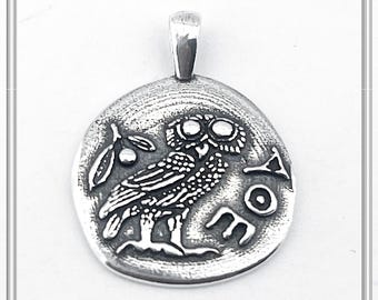 Owl tetradrachm coin pendant, sterling silver oxidized charm, Goddess Athena's owl necklace, Greek coin museum replicas of Ancient Greece.