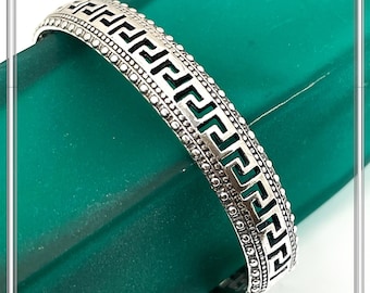 Greek Key Meander Oxidized Sterling Silver 925 Bangle Bracelet