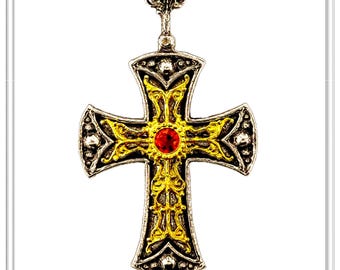 Byzantine Religious Christian Cross Necklace: Natural Garnet, Oxidized & 18K Gold filled Sterling Silver