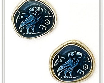 Owl coin Tetradrachm stud earrings made of sterling silver oxidized, sky blue enamel covered, Athena owl earrings, museum replicas earrings.
