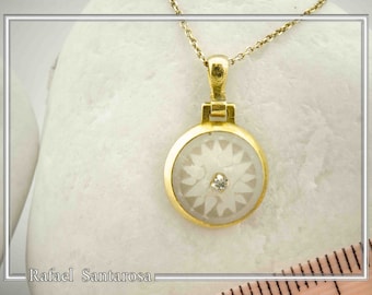 marble sunflower silver necklace with zircon, ancient Greek pendant 18ct gold-filled silver with micro sculptured reconstructed marble