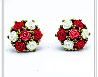 Rose flowers silver stud earrings, rose flowers sculptured on alabaster on sterling silver 18 karat gold-filled pave base. Floral earrings.