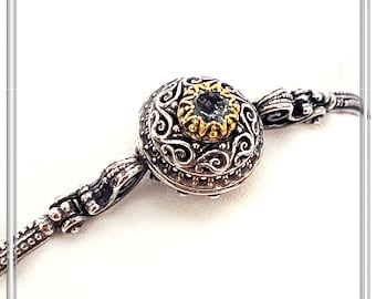 Topaz Sterling Silver Oxidized Bracelet, 18ct Gold Filled Bezel, Sky Blue Topaz gem Byzantine Filigree Decoration. Vintage inspired bracelet