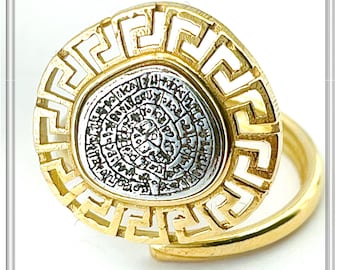 Phaistos disc silver adjustable ring oxidized and 18 karat gold-filled sterling silver Greek key wreath. Ancient Greek calendar museum ring.