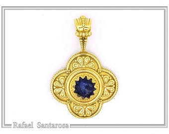 Lapis lazuli byzantine cross sterling silver pentand 18ct gold-filled with byzantine filigree and granulation. Available with lapis & pearl