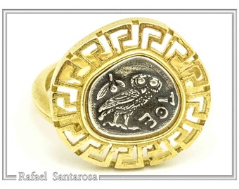 Owl of Athena goddess adjustable ring, tetradrachm oxidized silver coin with meander wreath Greek Key decoration on 18k gold filled silver.