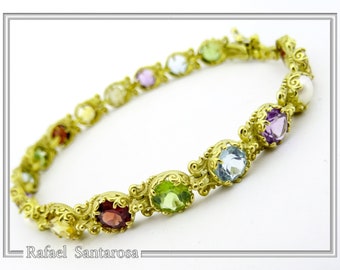 Multistone silver tennis bracelet 18ct gold filled byzantine filigree with natural gems topaz peridot amethyst garnet citrine pearl lapis.