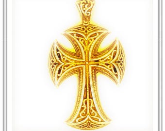 Greek Orthodox Christian Byzantine religious cross made of solid sterling silver oxidized or 18 karat cold filled with Byzantine decoration.