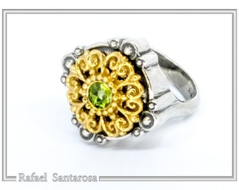 Byzantine statement ring with natural peridot, garnet, topaz or amethyst on sterling silver oxidized & 18ct gold filled filigree decoration.