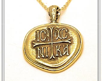 18k Solid Gold Protection Christogram Cross Pendant: Christian Prayer Constantinato Charm