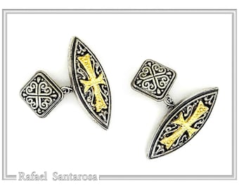 Maltese cross medieval knights Cufflinks made of oxidized sterling silver and 18ct gold filled decoration, luxurious cufflinks, gift fo him.