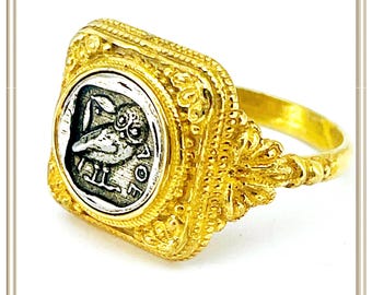 Tetradrachm Owl ring oxidized sterling silver coin in 18 karat gold filled filigree decorated square silver ring. Greek museum replicas ring