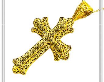 Solid Gold Byzantine Baptism Cross 18 Karat Filigree . Greek Orthodox Christian cross with byzantine decoration, solid yellow gold 18K cross