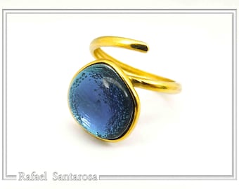 Blue Enamel Sterling Silver Adjustable Ring: Sea Rock Design