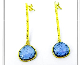 Sterling silver gold-filled drop earrings with sea blue enamel on a sea rock looking silver base, silver earrings covered with blue enamel
