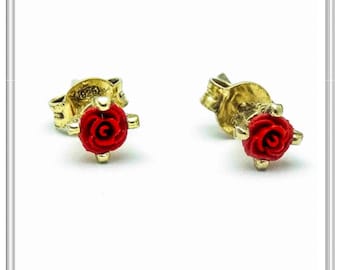 Handmade red rose flowers romantic stud earrings set in 18 karat gold filled sterling silver prong base, romantic gift for her gift for girl